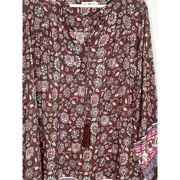 Natural Life Floral Long Sleeve V-Neck Boho Mini Tunic Dress  Brown Womens Large - Picture 4 of 9
